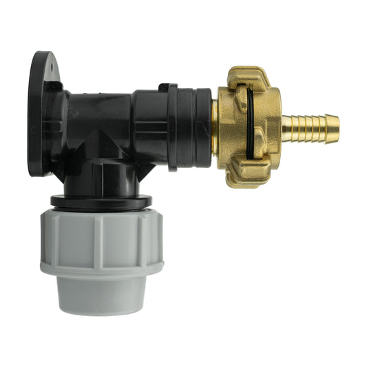 Wall flange kit: black 32mm MDPE elbow with 13mm barbed Geka fitting and brass connector
