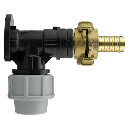Wall Flange Kit: 25mm MDPE insert with 19mm barbed brass fitting, black elbow and grey collar