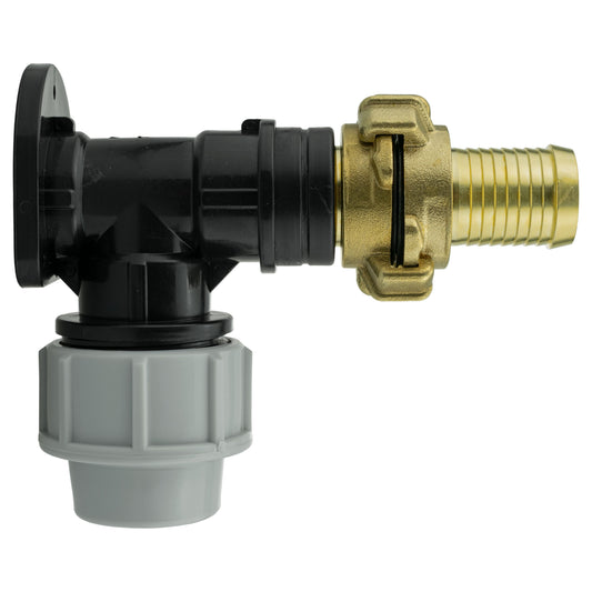 Wall flange kit 32mm MDPE + 25mm barbed Geka set, black plastic with brass fitting
