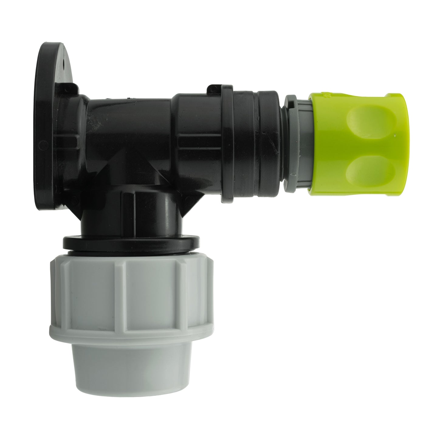 Wall flange kit 32mm: side view of black elbow and green female quick connector