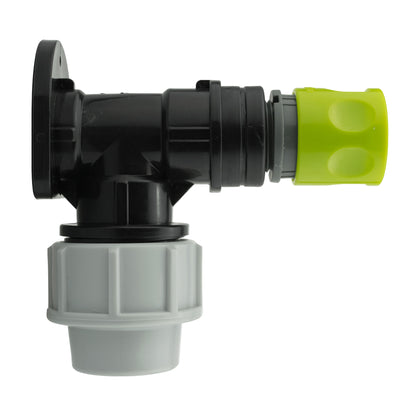 Wall flange kit 32mm: side view of black elbow and green female quick connector