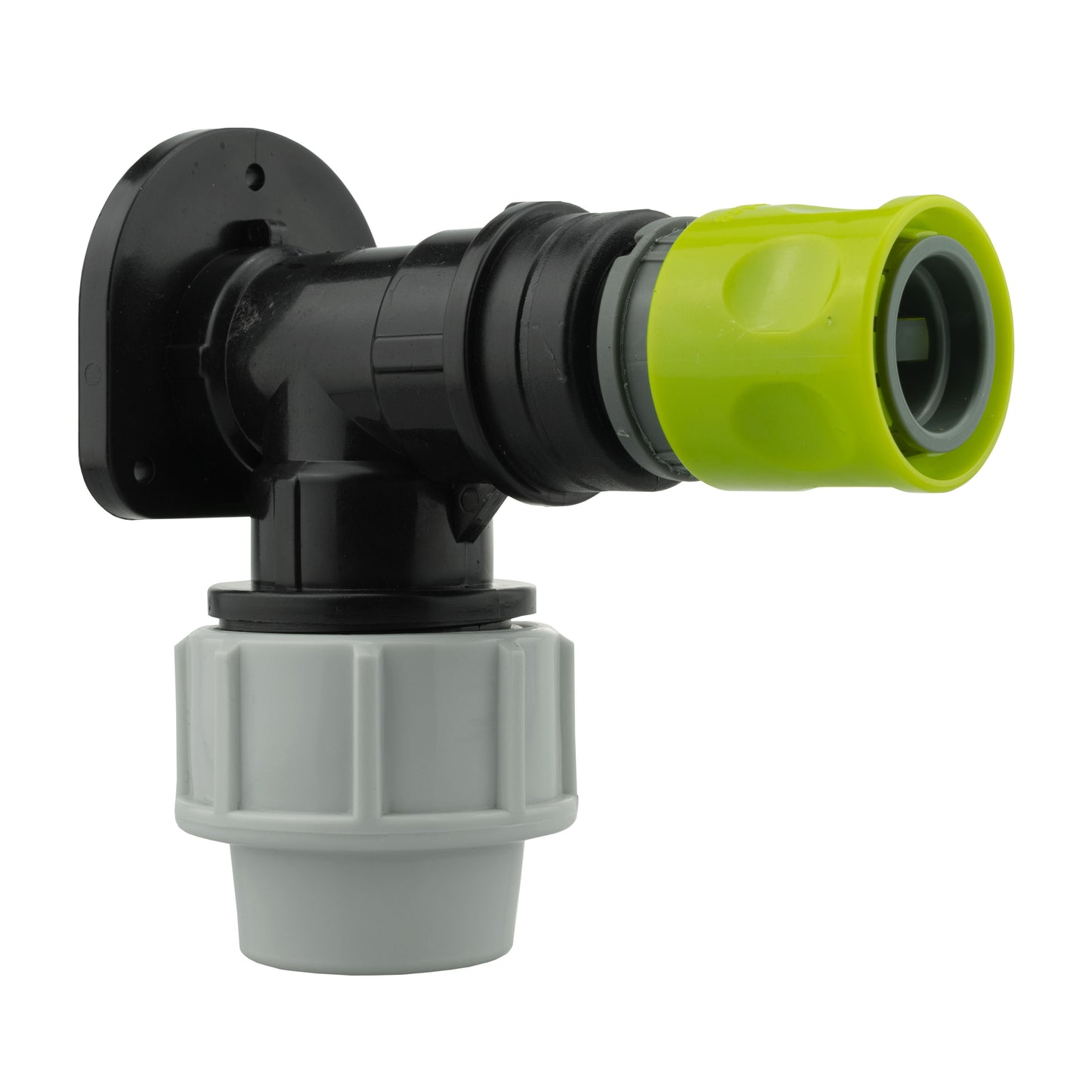 Wall flange kit 32mm: female quick connector, black elbow with grey mounting base