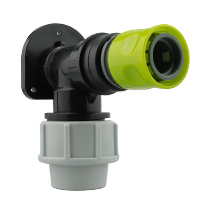 Black wall flange elbow for 25mm MDPE, lime quick-connect end