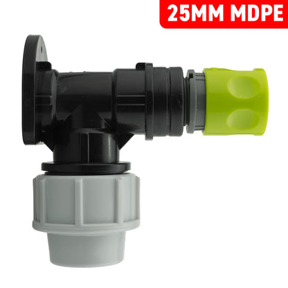 25mm MDPE wall flange kit with female quick connector, black elbow and green socket