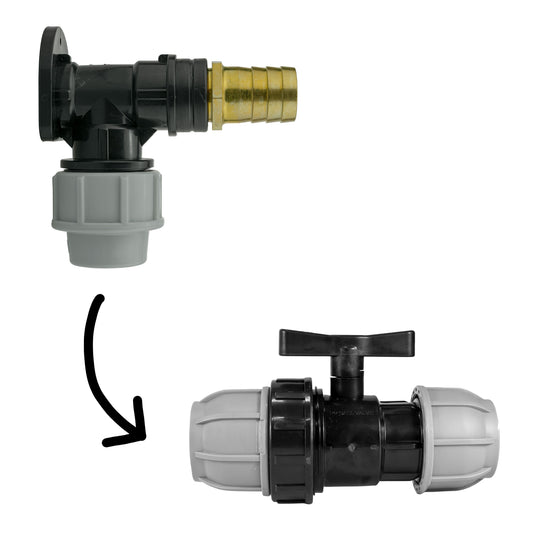 Wall flange kit 25mm: MDPE valve with brass barb and elbow fitting