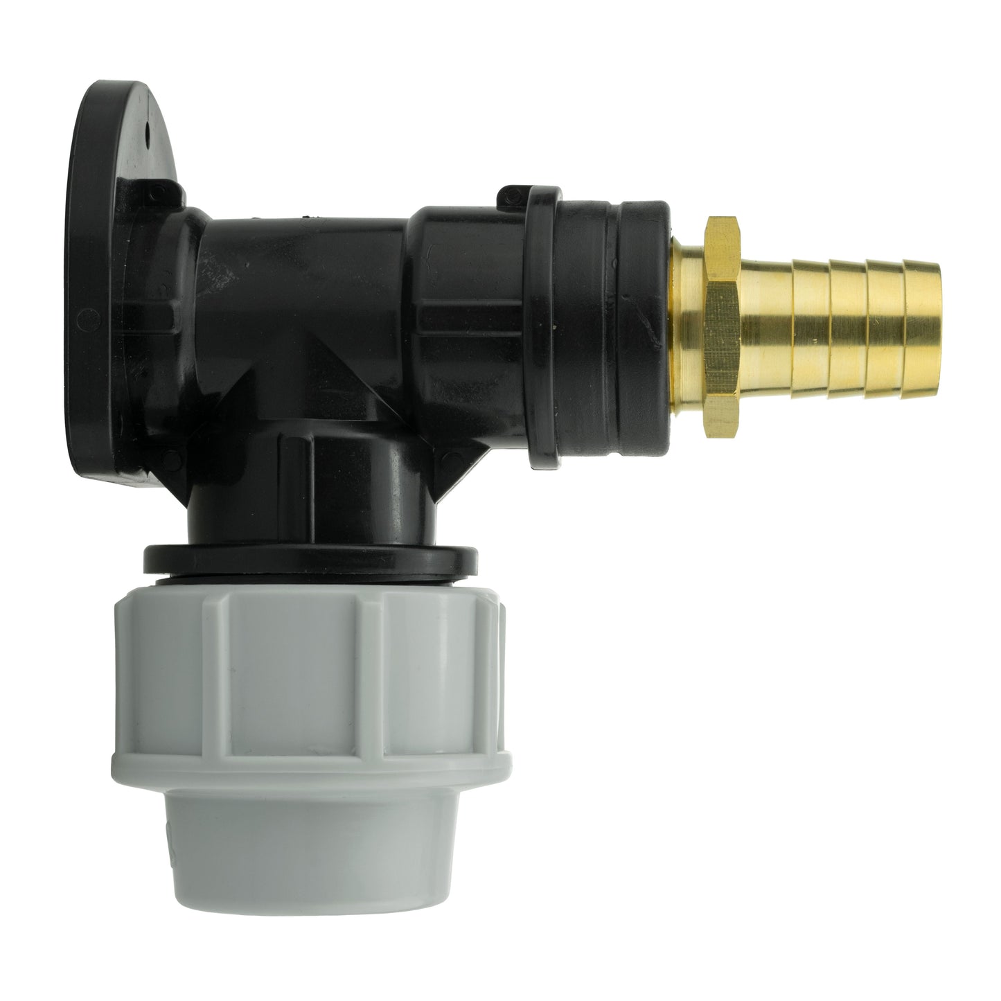 Wall flange elbow with brass barbed outlet and grey MDPE joining sleeve
