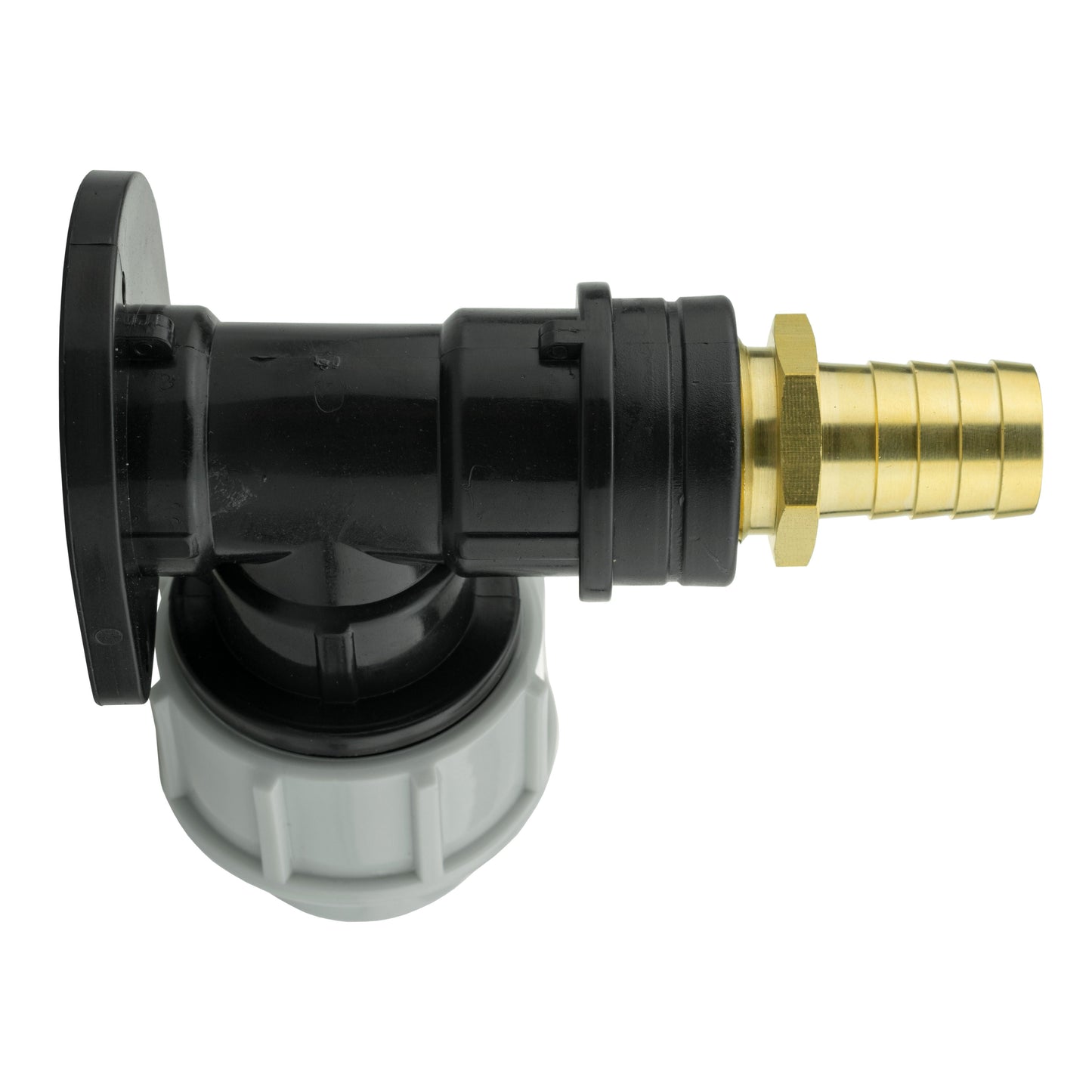 MDPE wall flange elbow fitting with brass barbed connector and ribbed black pipe