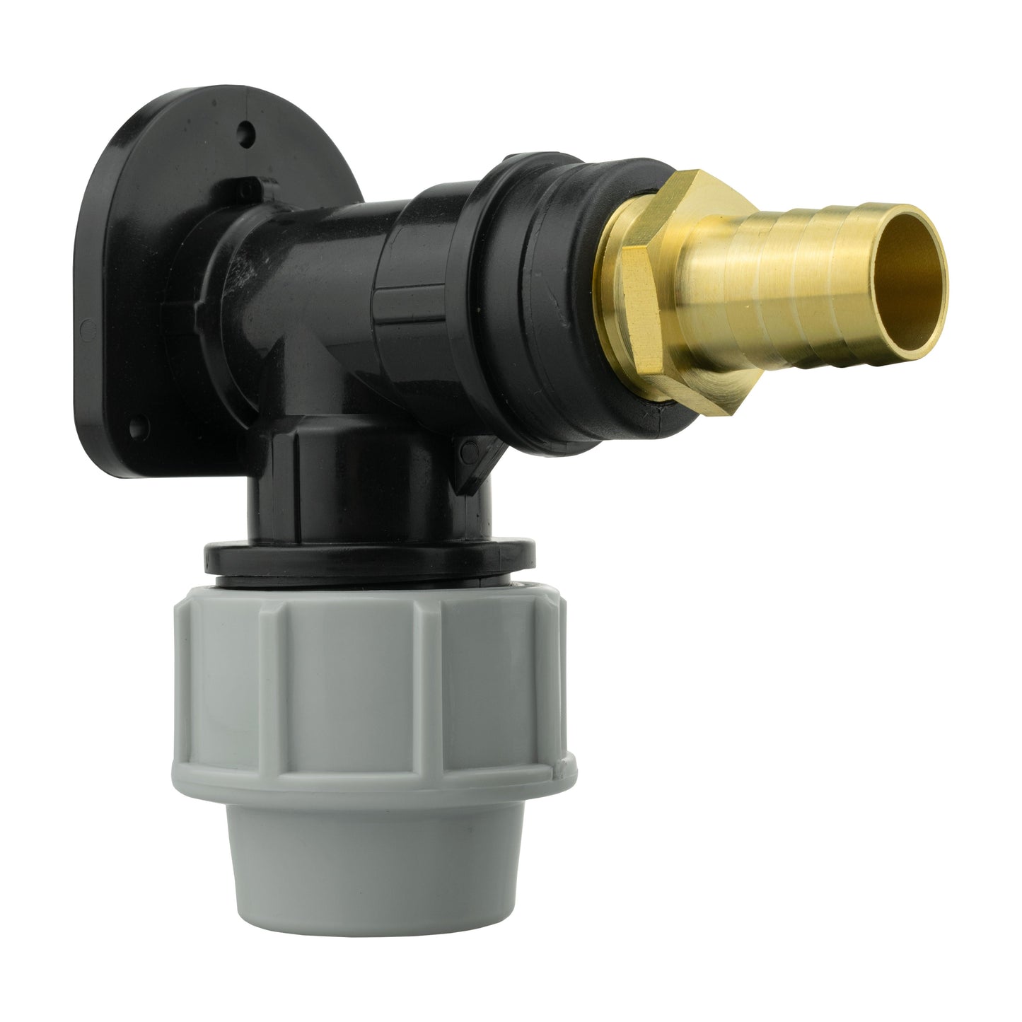 Wall flange kit with 25mm MDPE elbow and 19mm brass barbed hose connector