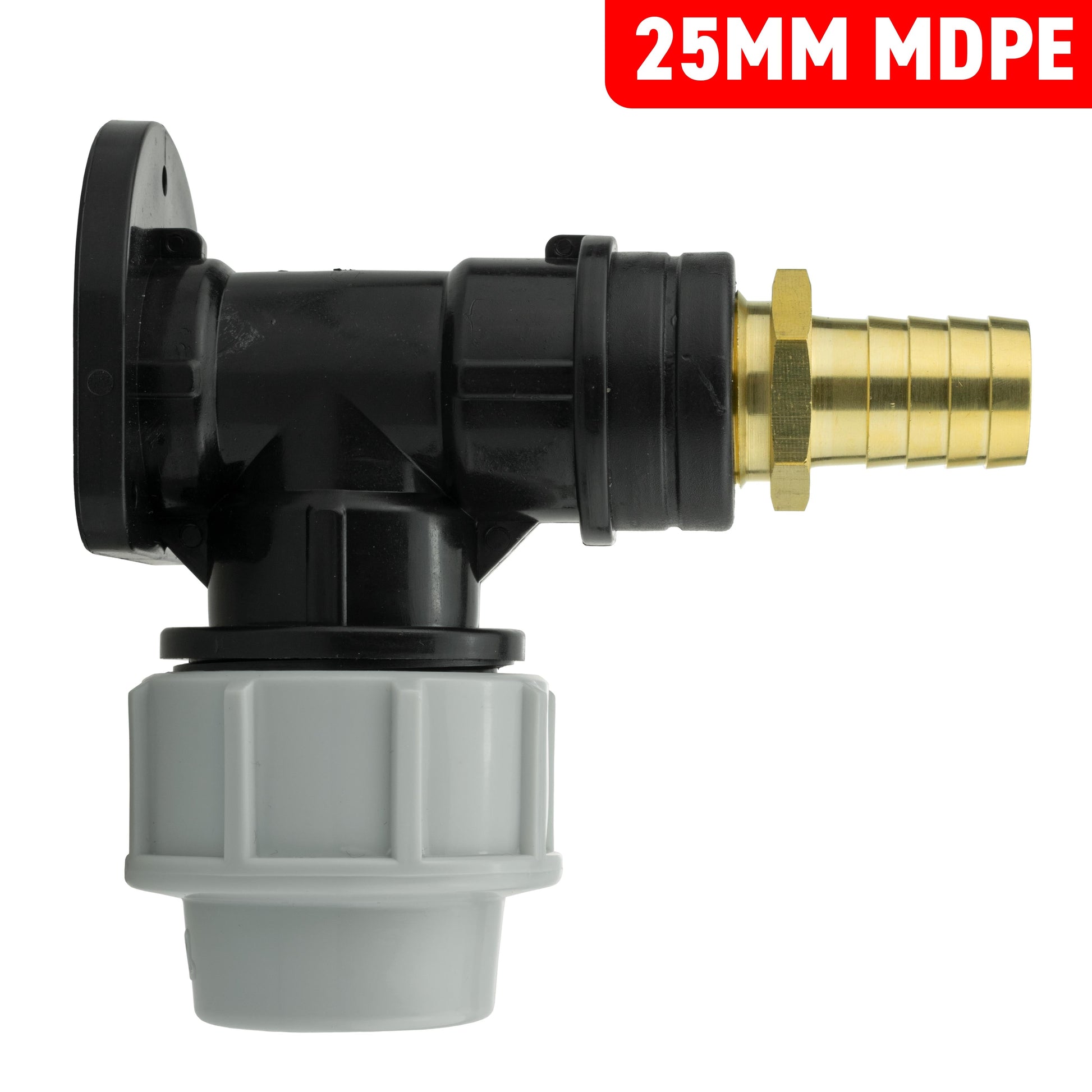 Wall flange kit with 25mm MDPE and brass 19mm barbed connector outlet