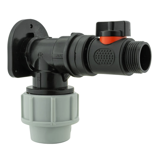 Wall flange kit 25mm MDPE with inline valve and threaded end