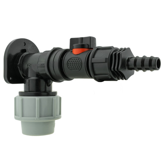 Wall flange kit with inline valve and 1/2" barb outlet, 25mm MDPE fitting