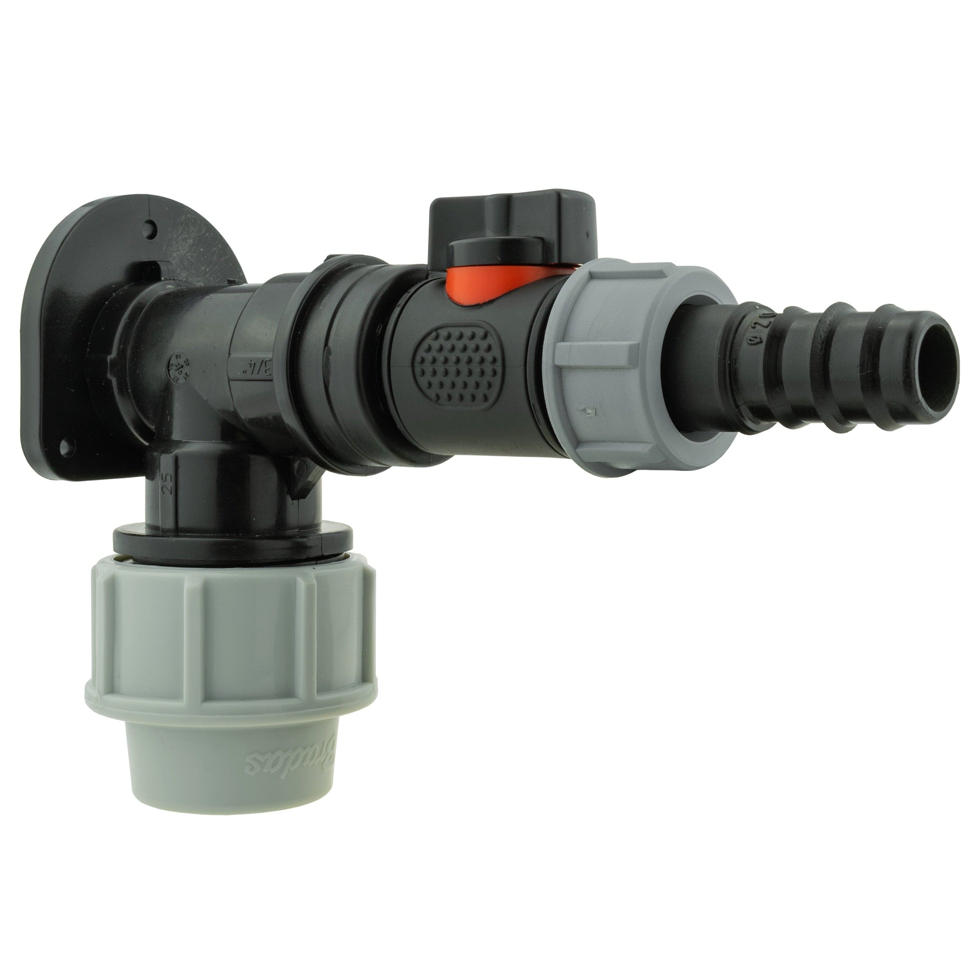 Wall flange 25mm MDPE fitting with inline valve and 20mm barb connector