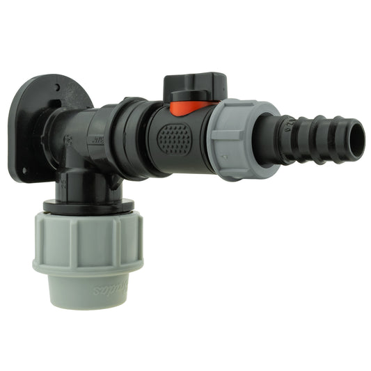 Wall flange 25mm MDPE fitting with inline valve and 20mm barb connector