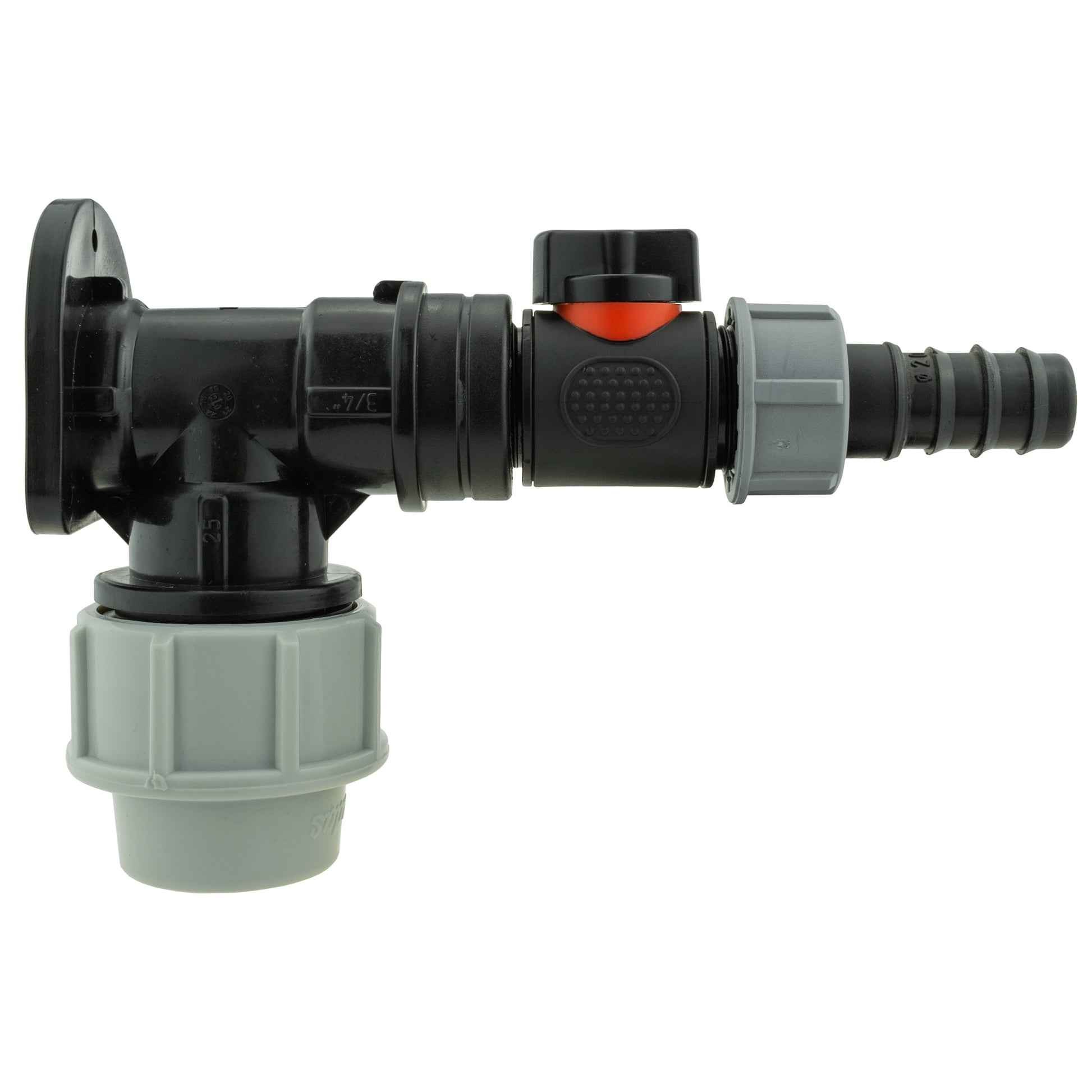 25mm wall flange elbow fitting with inline shut-off valve and 20mm barbed hose end