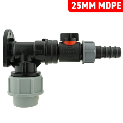 25mm MDPE wall flange kit with inline valve and 20mm barb hose connector