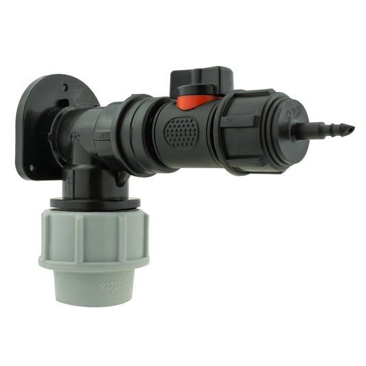 Wall flange kit 32mm: in-line valve with 4mm micro barb, MDPE elbow connection