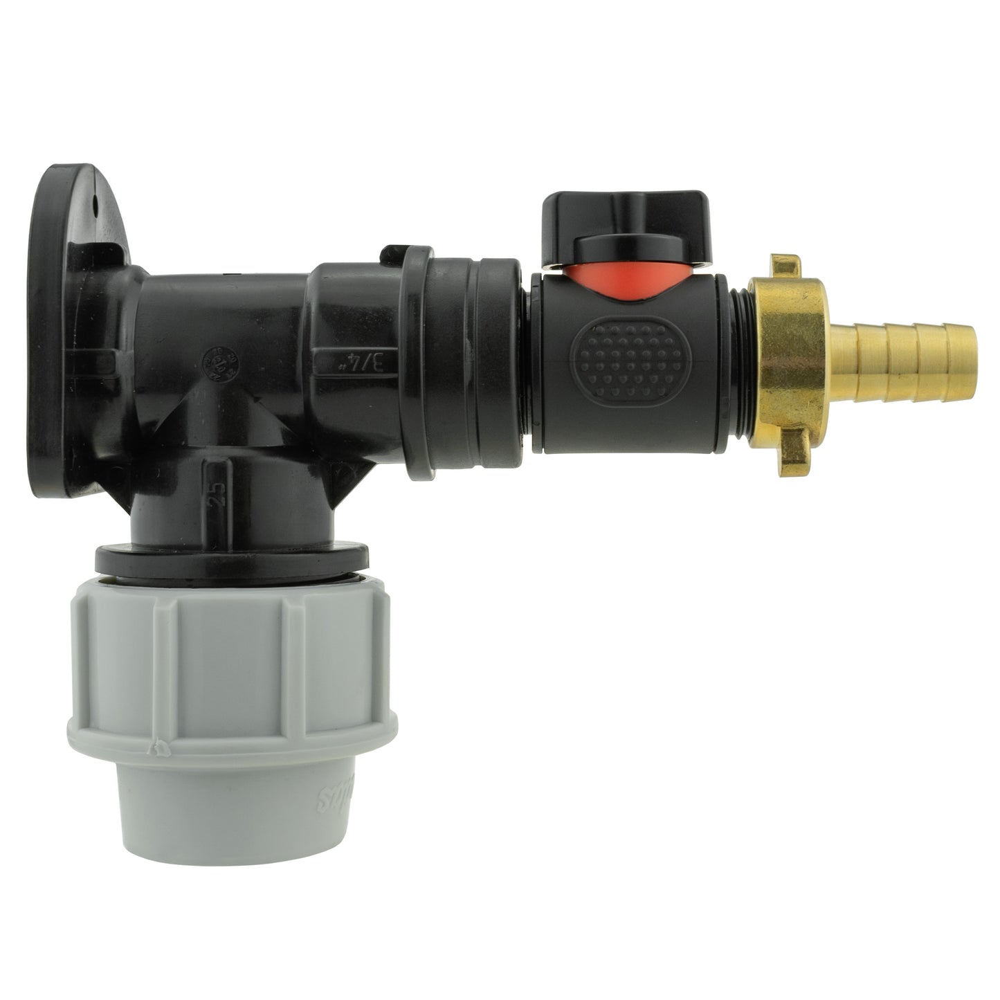 Wall flange kit 32mm MDPE with in-line valve and 13mm brass barb connector