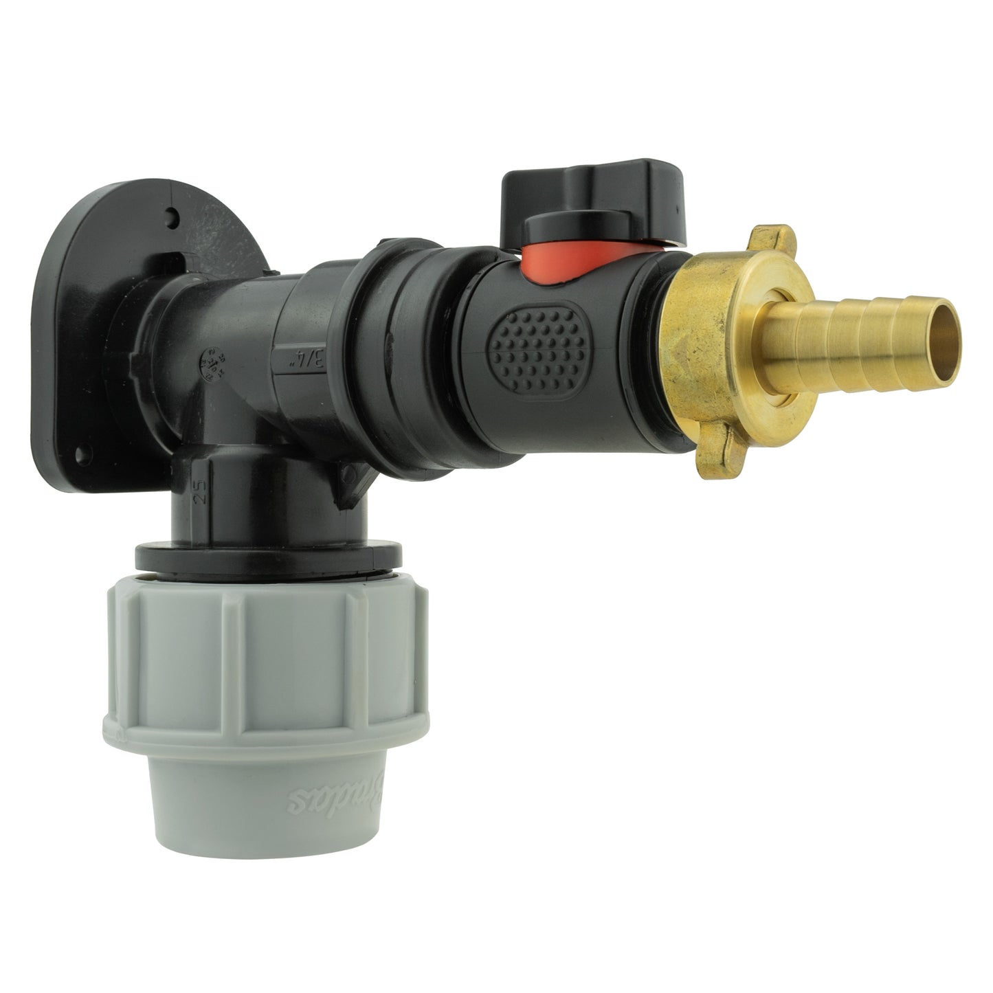 32mm MDPE wall flange with in-line valve, orange handle, and brass hose barb