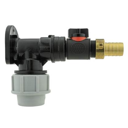 32mm wall flange kit with inline valve and 19mm brass barb, side view, black & brass