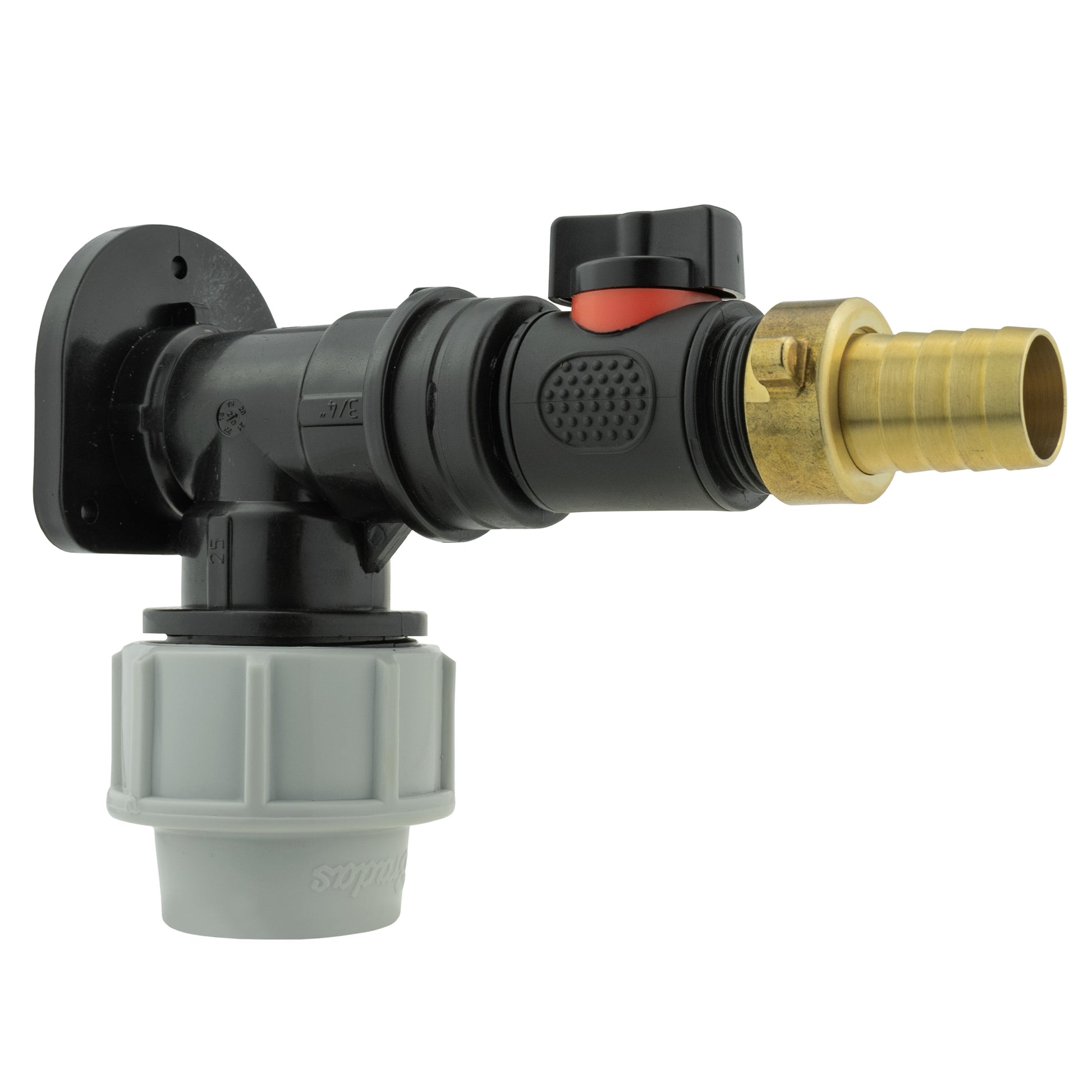 32mm wall flange kit with inline valve and 19mm brass barb, black MDPE body