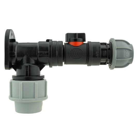 Wall Flange Kit con válvula en línea para MDPE 25 mm y unión 20 mm