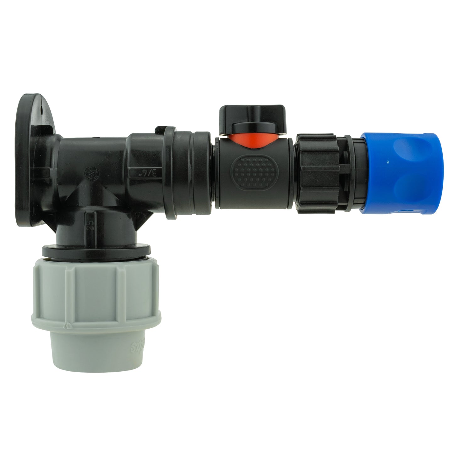 25mm MDPE wall flange kit with inline shutoff and blue female quick connector