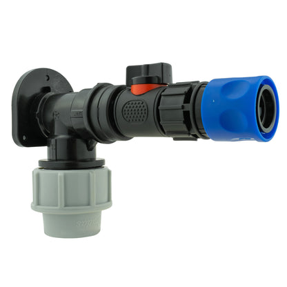 Wall flange kit 25mm MDPE inline valve with female quick connector, black and blue