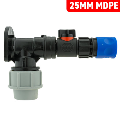 25mm MDPE wall flange kit with black valve body and blue female quick connector