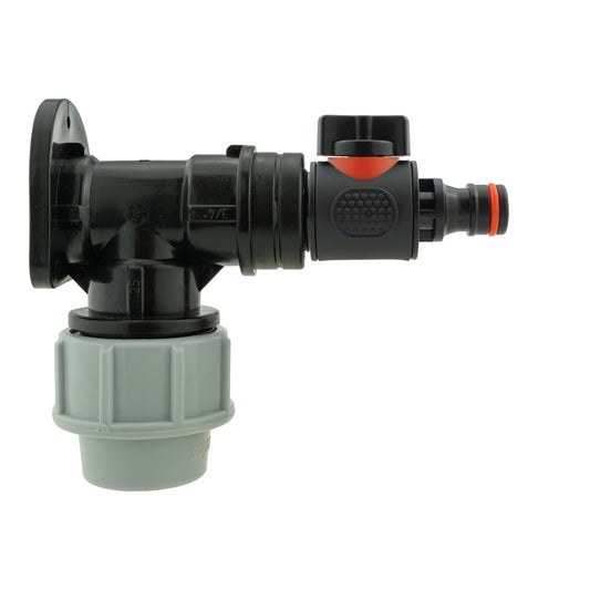 25mm MDPE wall flange kit: male quick-connect valve with black elbow fitting