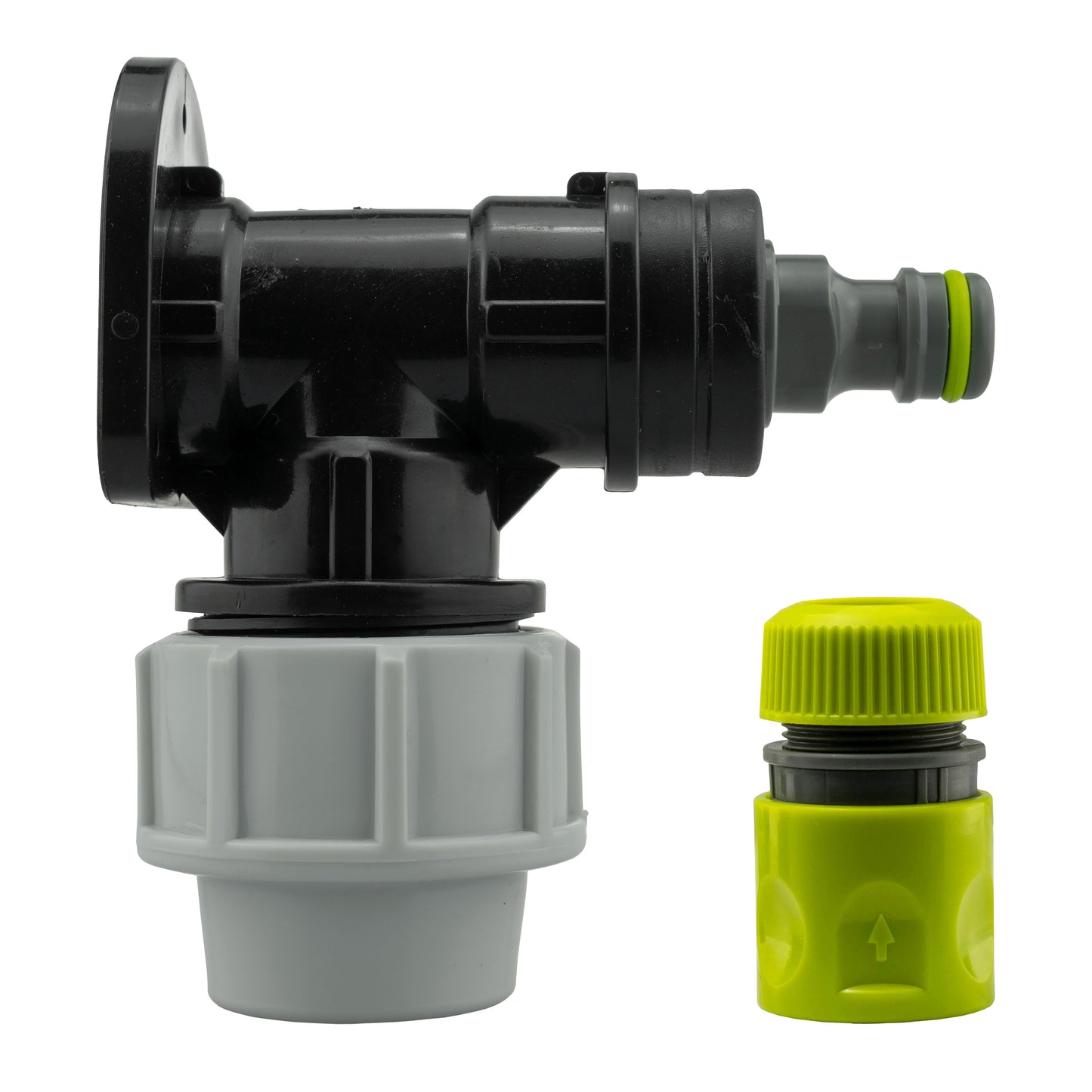 25mm Wandflansch-Set: Male Click-Lock + Schlauchanschluss, schwarzes T-Stück mit grünem Einsatz