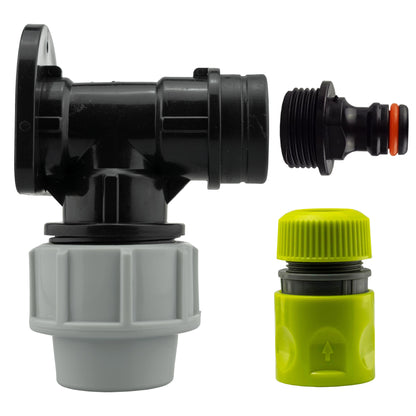 32mm wall flange kit set: black elbow fitting with green hose connector and light grey flange