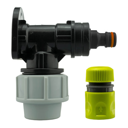 32mm wall flange kit with black elbow fitting, light grey body, green hose connector