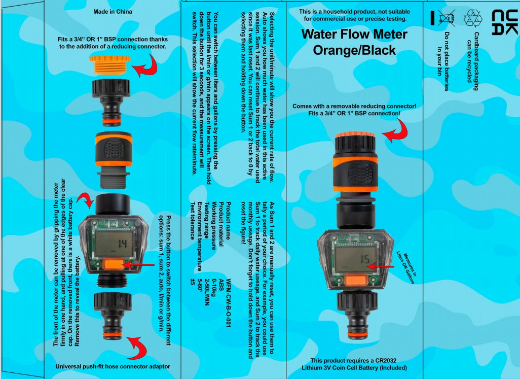 Water Flow Meter Orange/Black retail box with device images and specs