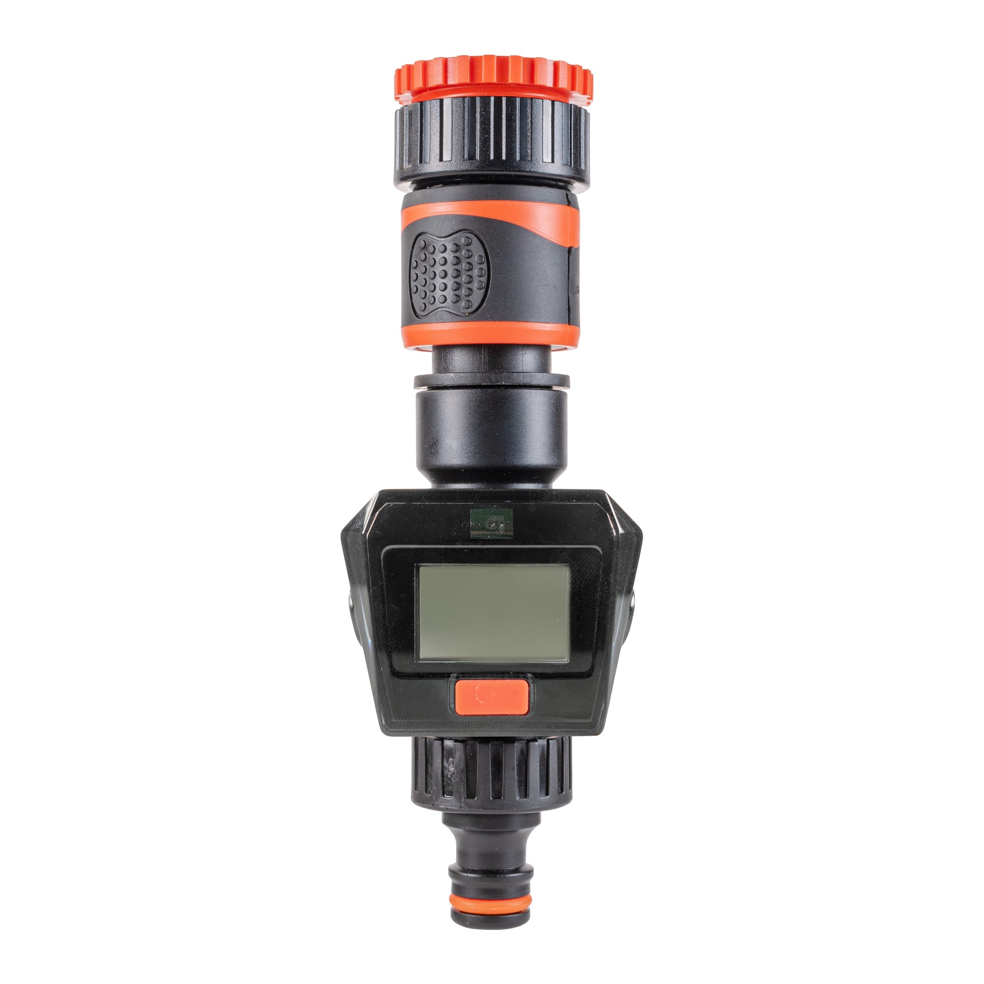 Black/orange water flow meter with LCD screen and orange top dial
