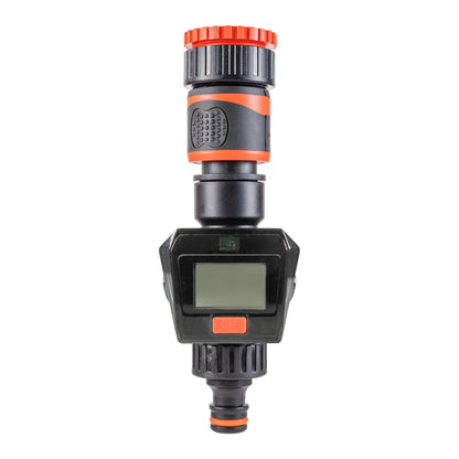 Black/orange water flow meter with LCD screen and orange top dial