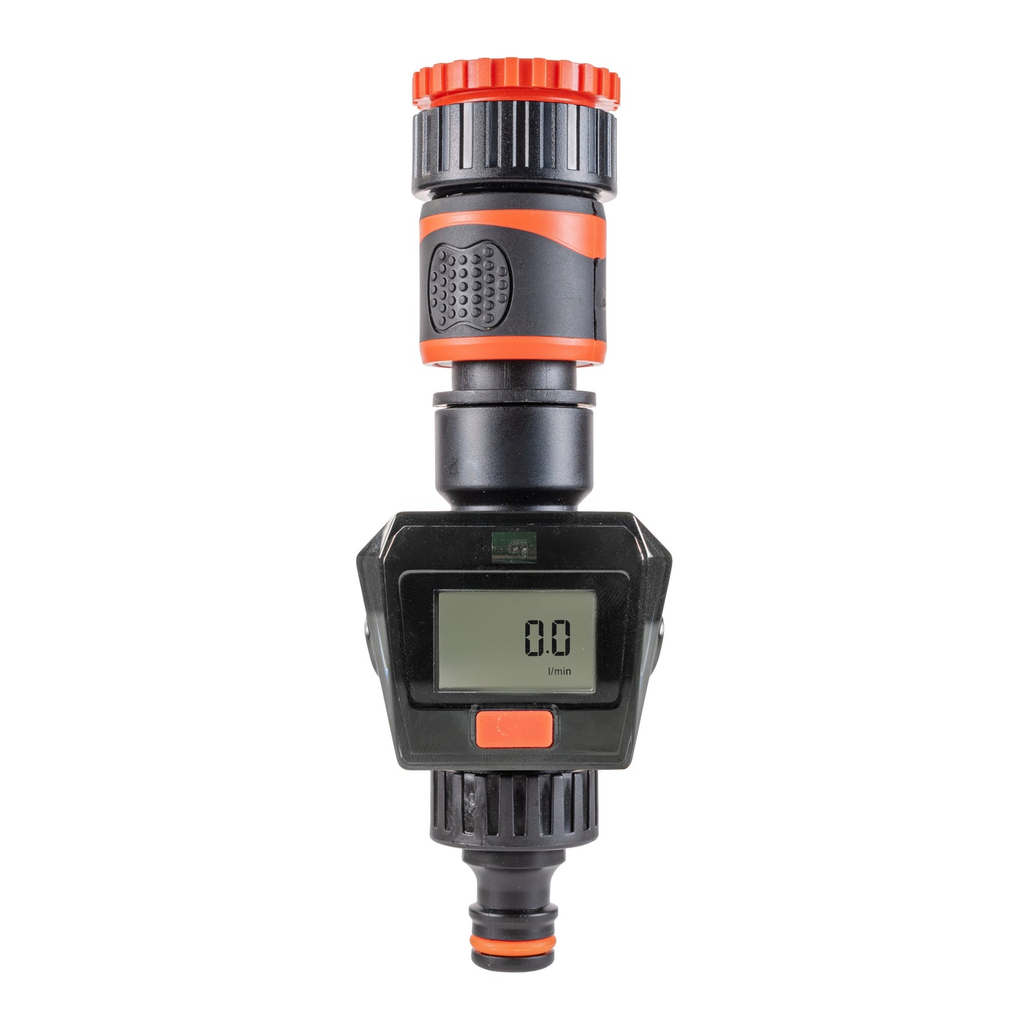 Water Flow Meter with orange top knob, black body and orange control button