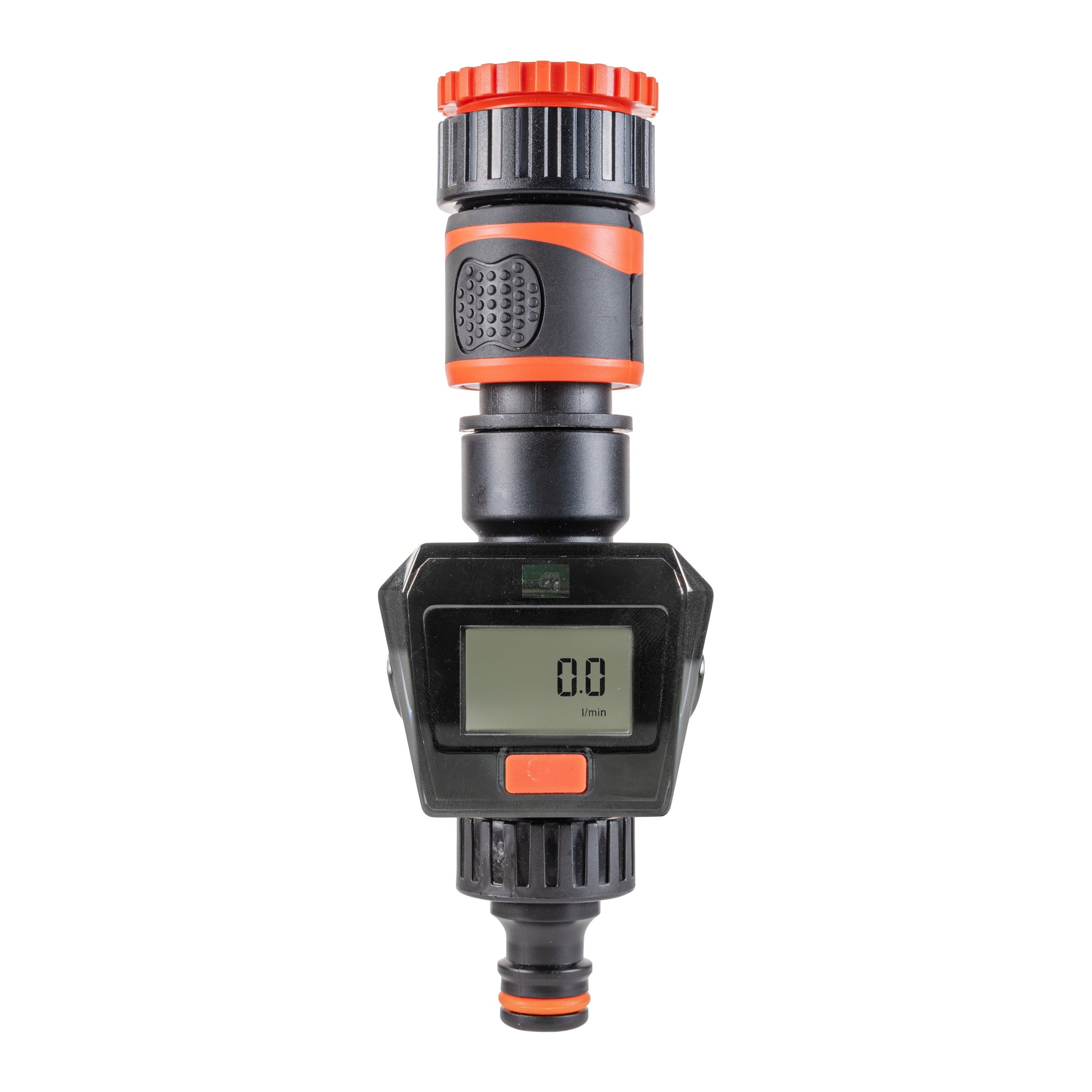 Water Flow Meter with orange top knob, black body and orange control button