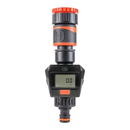 Water Flow Meter with orange top knob, black body and orange control button