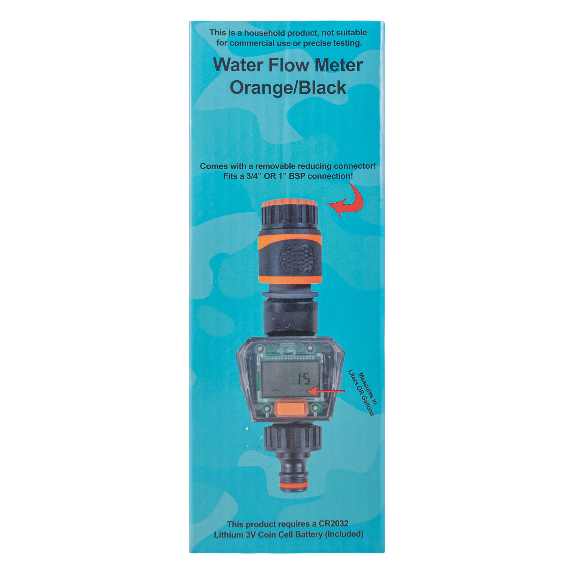 Water Flow Meter Orange/Black box showing 15 and connector/battery information