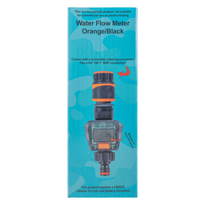 Water Flow Meter Orange/Black box showing 15 and connector/battery information