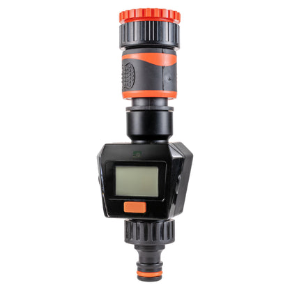 Black/orange water flow meter with LCD screen and orange control button