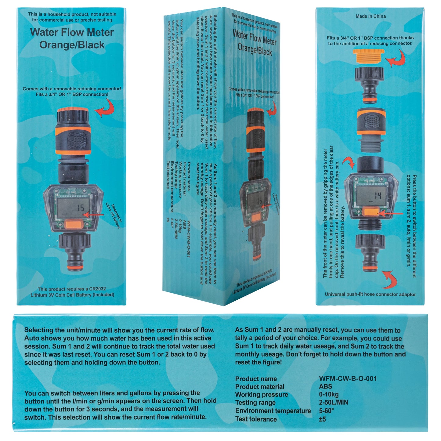 Water Flow Meter Orange/Black box with device photo and features