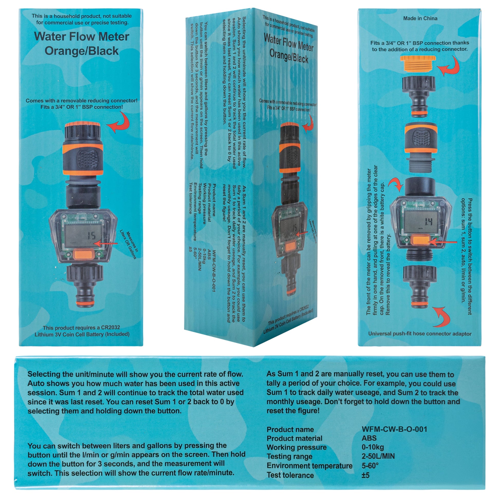 Water Flow Meter Orange/Black box with device photo and features