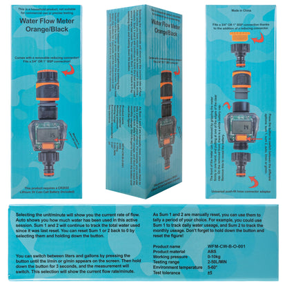 Water Flow Meter Orange/Black box with device photo and features