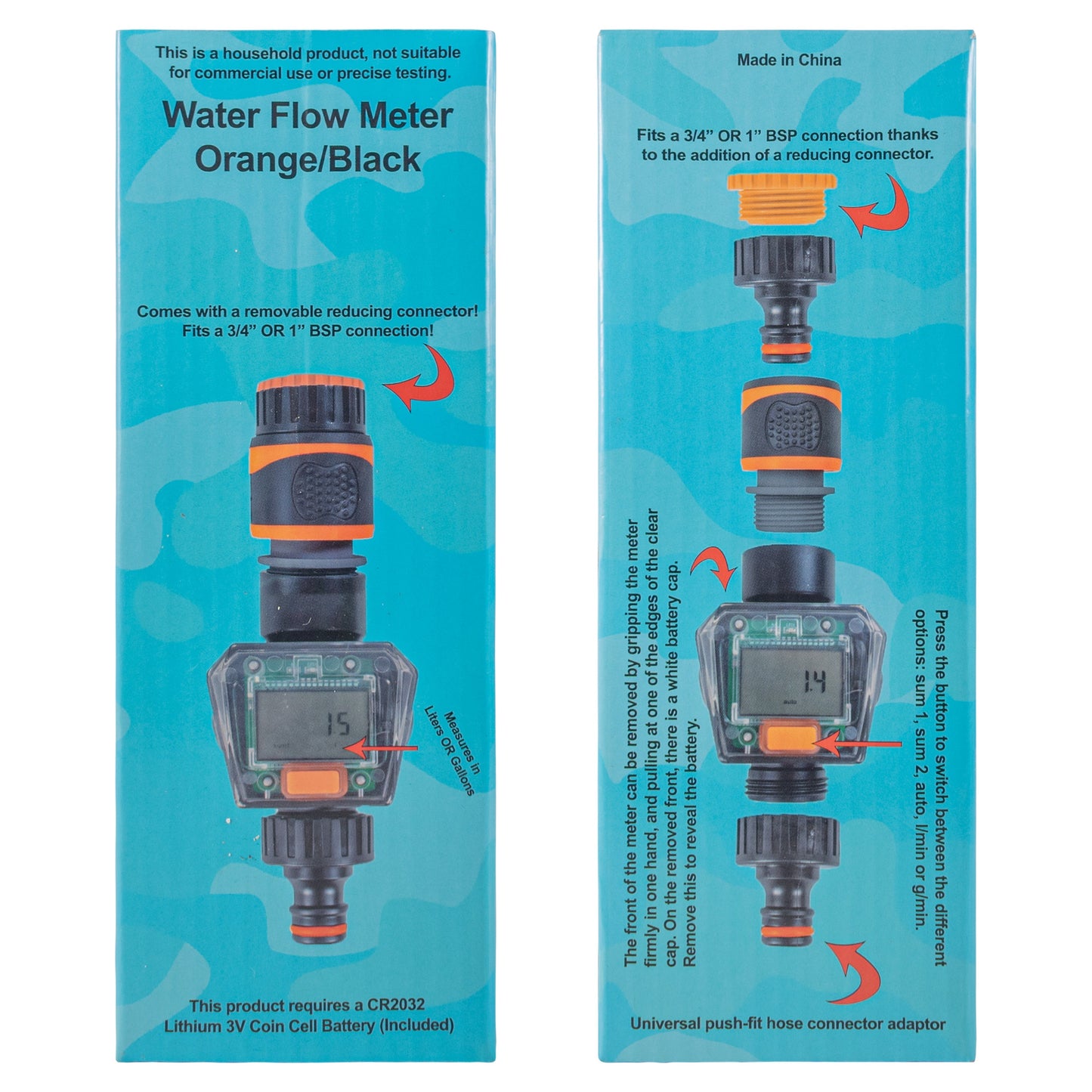 Water Flow Meter Orange/Black retail package with meter and connector illustrations