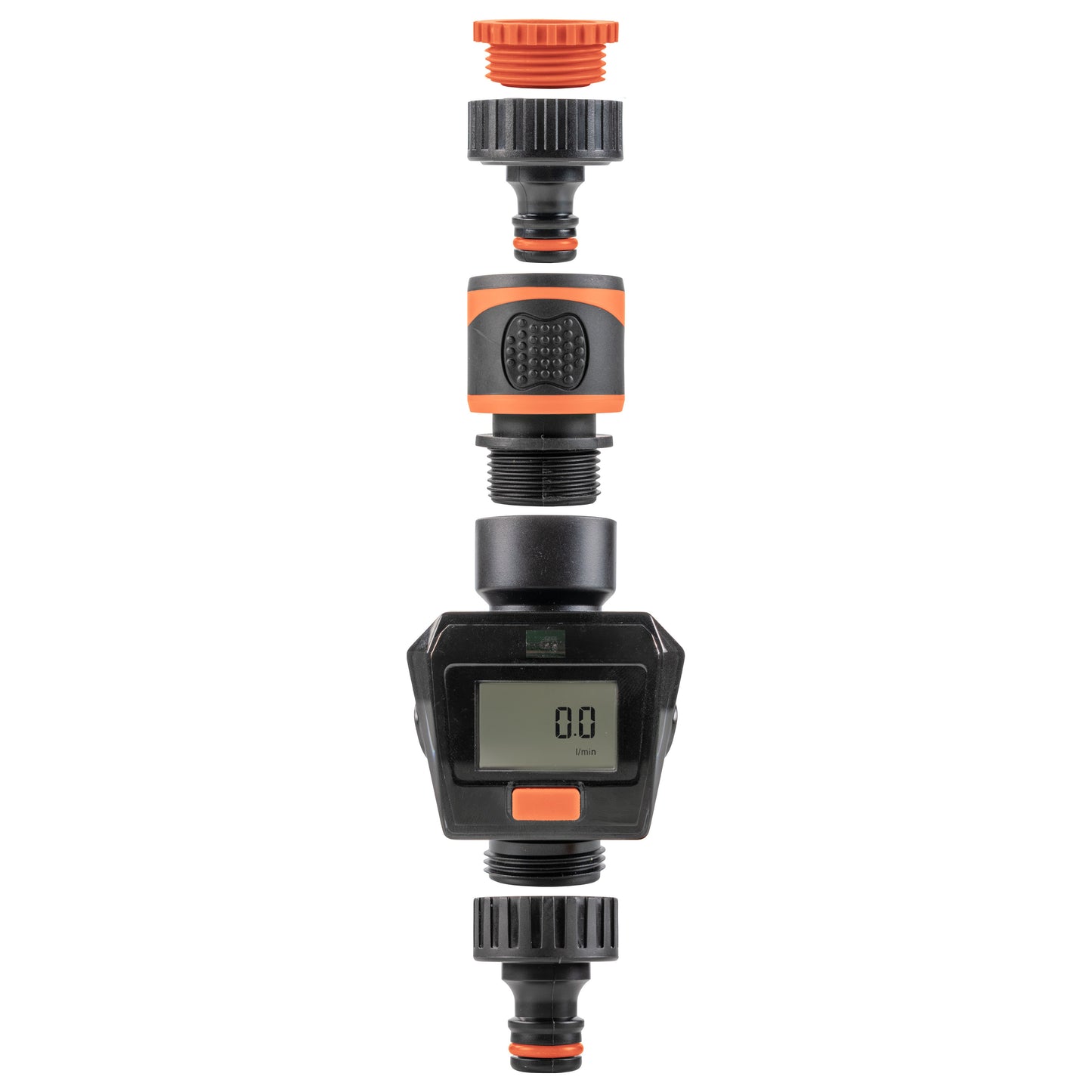 Water Flow Meter, black and orange inline flow gauge with LCD display