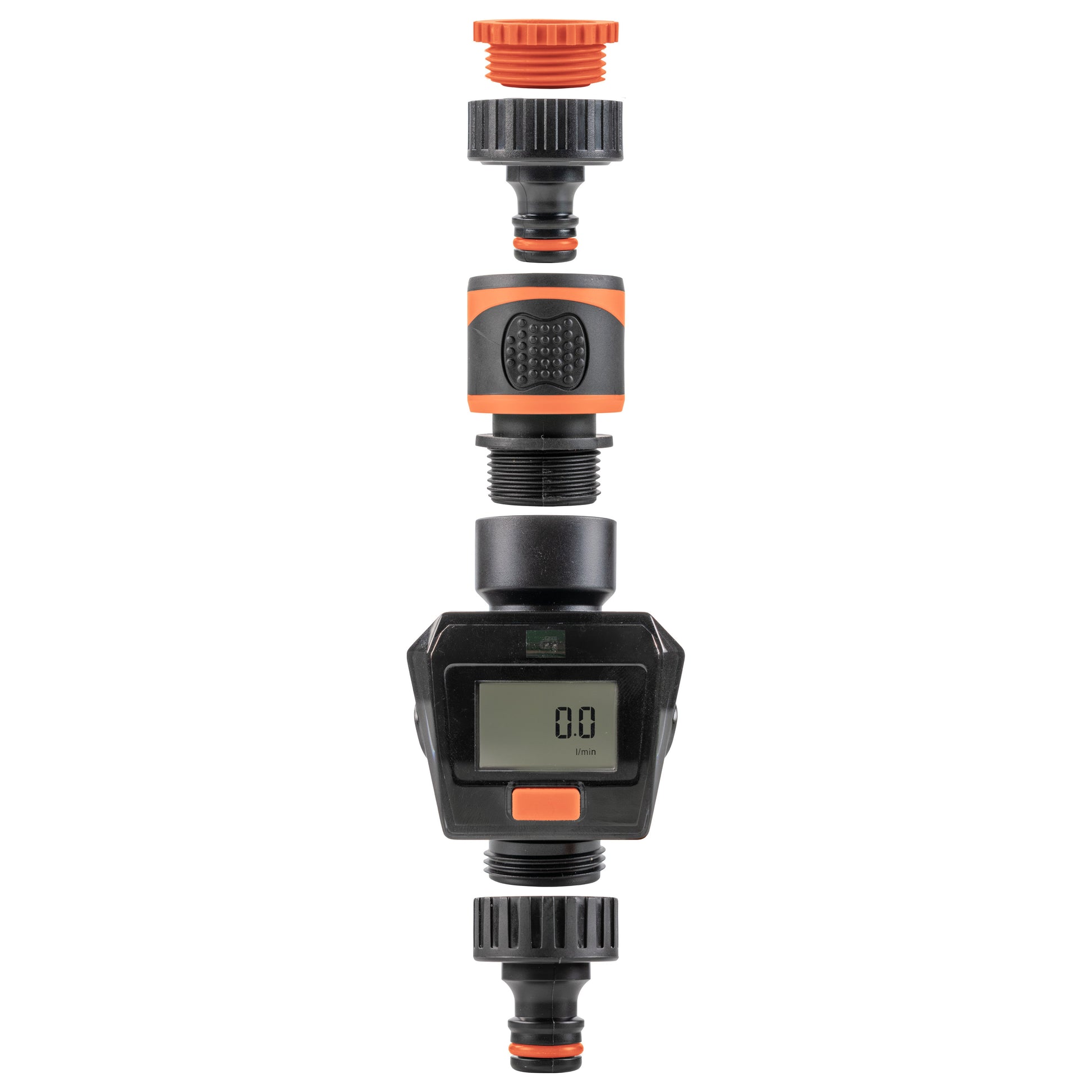 Water Flow Meter, black and orange inline flow gauge with LCD display