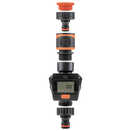 Water Flow Meter, black and orange inline flow gauge with LCD display