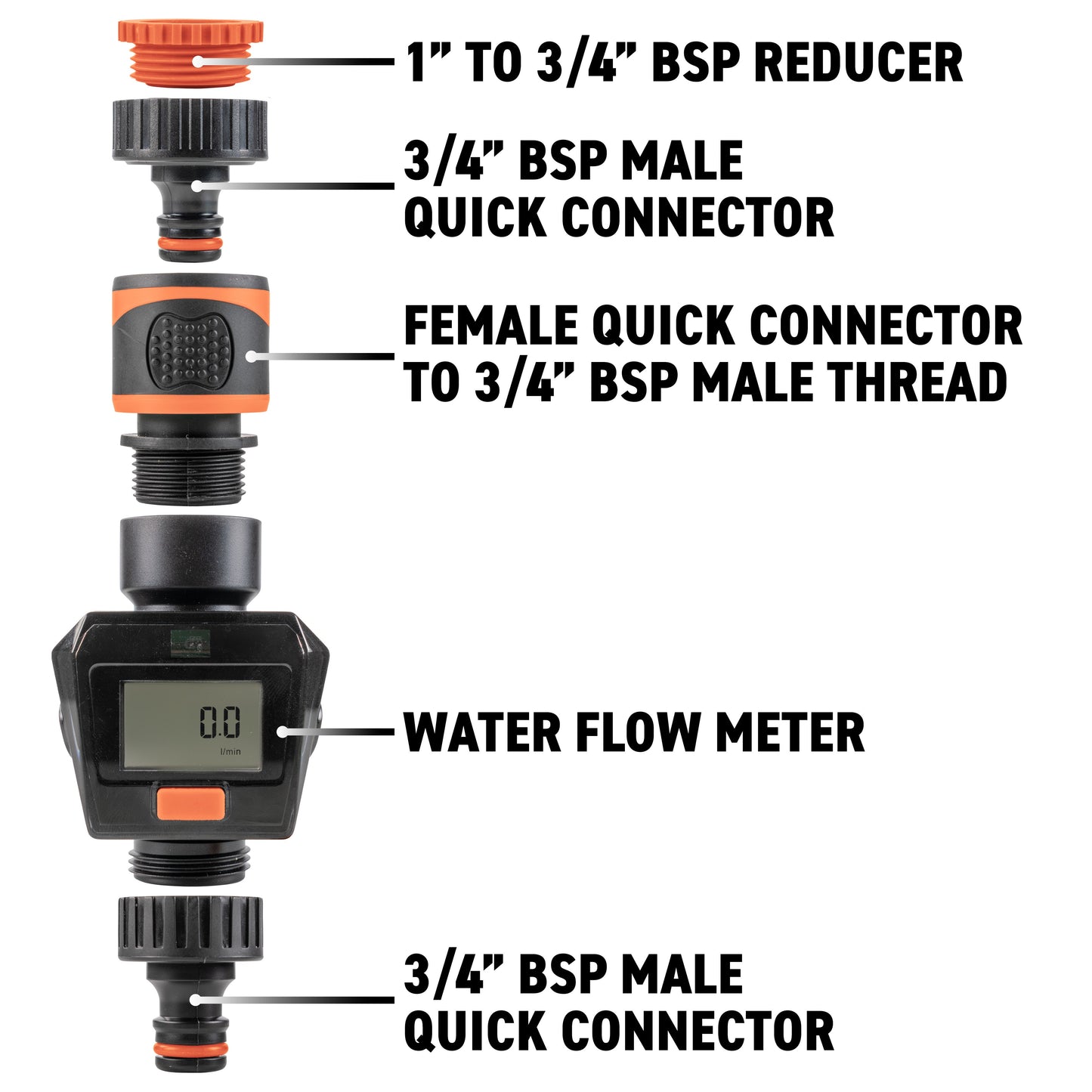 Water Flow Meter with 3/4 BSP male quick connectors, black and orange LCD