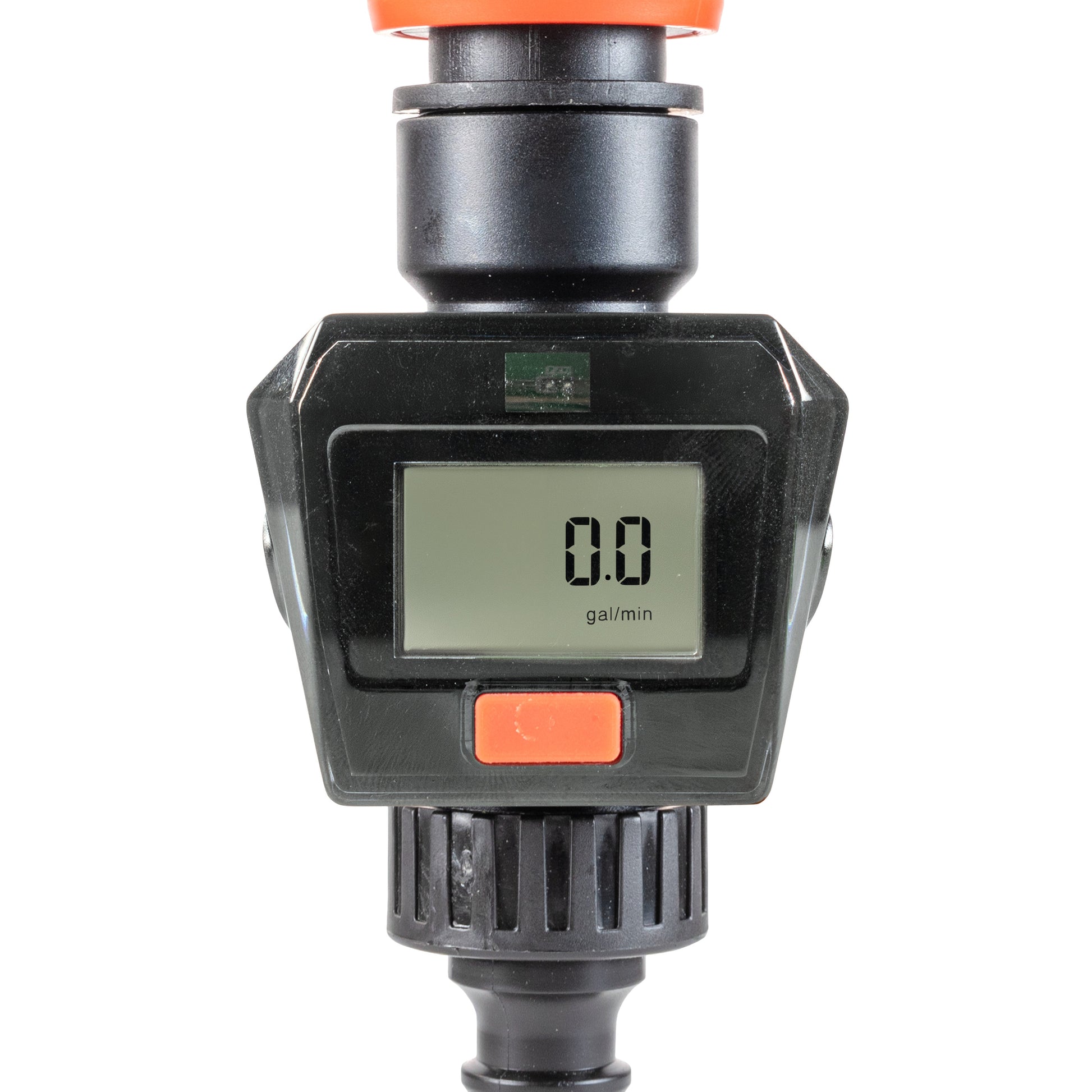 Water flow meter close-up: LCD shows 0.0 gal/min in a black housing